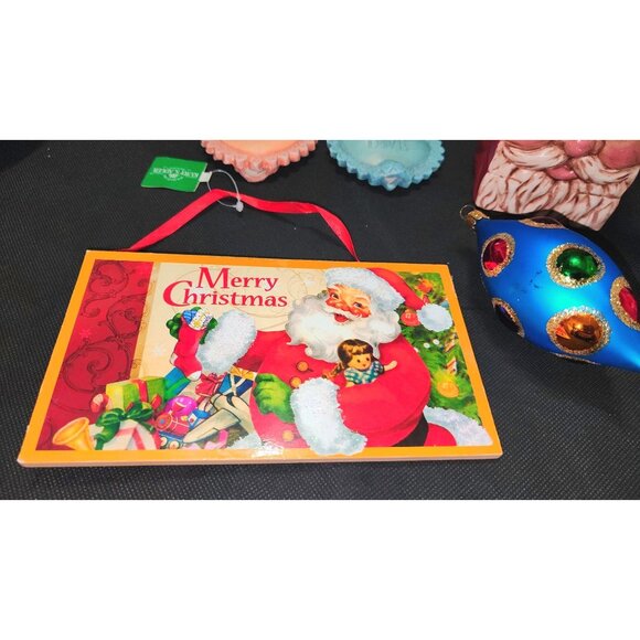 Vintage Christmas Decor Set Santa Plaque Santa Votive Holder Blue Jewelled Ornam - Picture 2 of 13